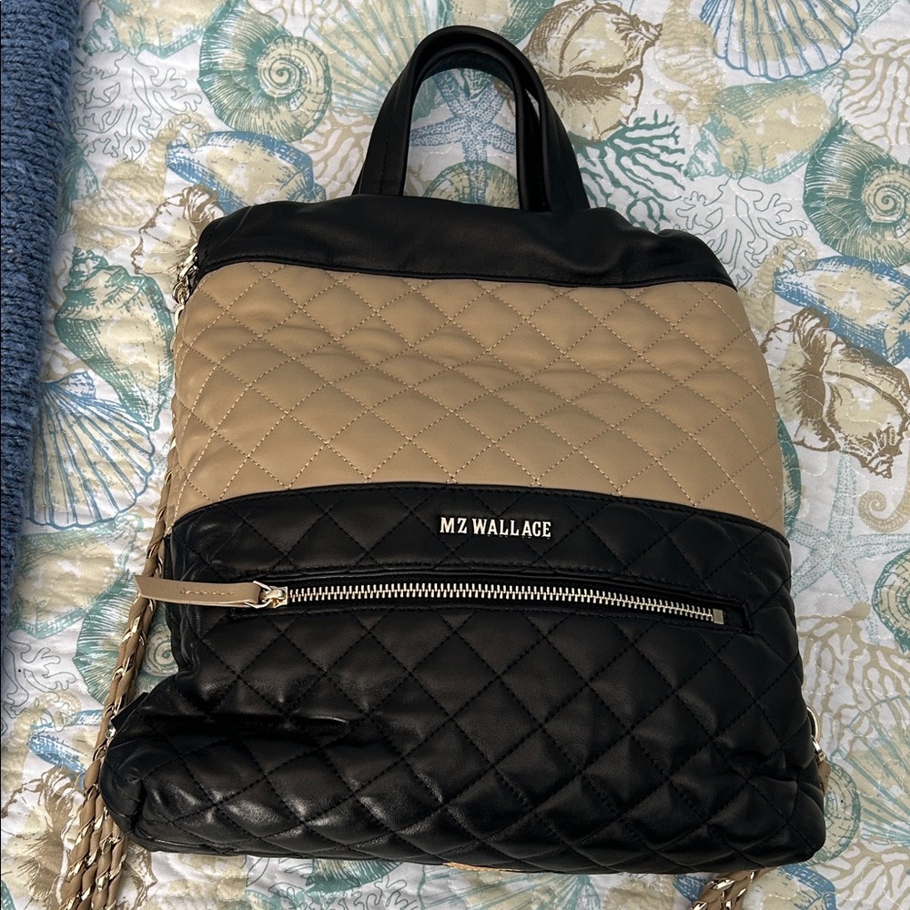 MZ Wallace Quilted Backpack in Black and Tan